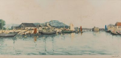 une peinture représentant une scène portuaire avec des bateaux sur l'eau