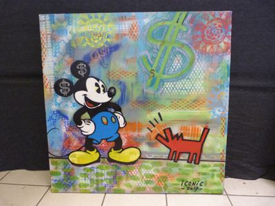 painting of a mickey mouse and a cat on a tile floor