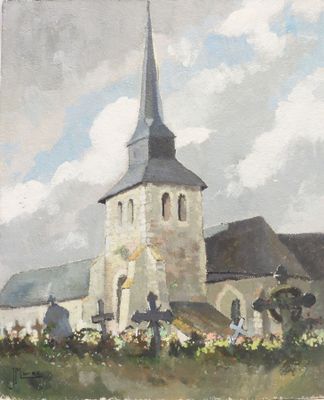 painting of a church with a steeple and a cemetery in the foreground