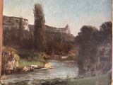 an image of a painting of a river with a castle in the background