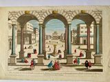 a drawing of a courtyard with people walking around it