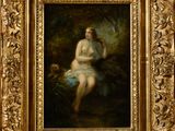 an image of a painting of a woman sitting on a rock