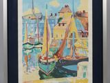 peinture de bateaux dans un port avec des bâtiments en arrière-plan