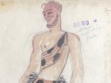 a drawing of a man in a costume sitting on a chair