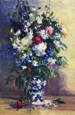 une peinture à l'huile représentant un vase de fleurs sur une table