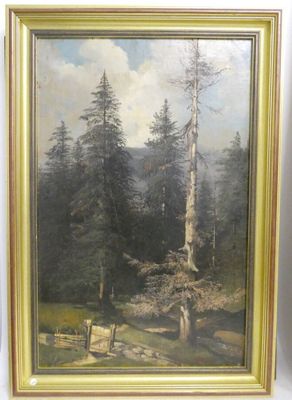 tableau représentant une scène forestière avec des arbres et un ruisseau au premier plan