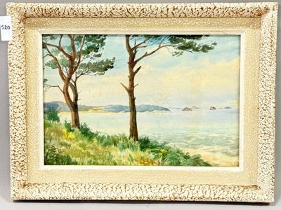 painting of two trees on a hill overlooking the ocean