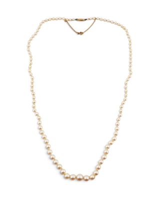 a white pearl necklace with a gold clasp on a white background