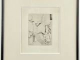 drawing of a man sitting on a chair with a dog in front of him