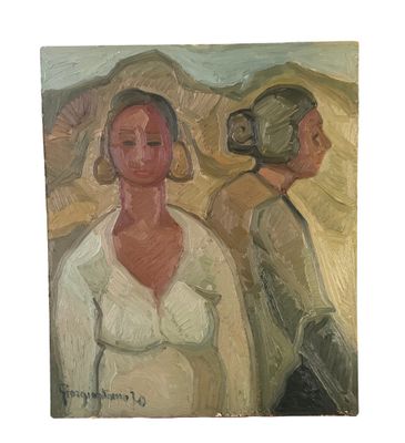 painting of two women in a field with mountains in the background