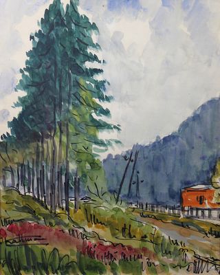 a watercolor painting of a house on the side of the road