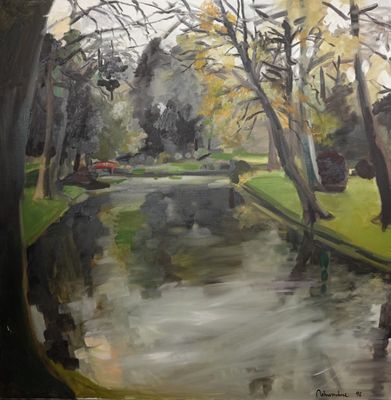 un tableau représentant une rivière qui traverse un parc