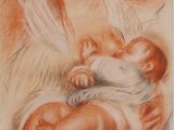 drawing of a mother holding a baby in her arms and a baby sleeping in her lap