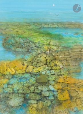 une image représentant un tableau où l'on voit une vaste étendue d'eau entourée de rochers