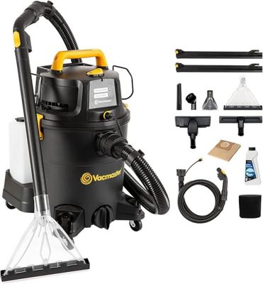 un aspirateur noir et jaune avec des outils et des accessoires sur fond blanc
