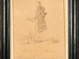 an old drawing of a man with a cane in a black frame