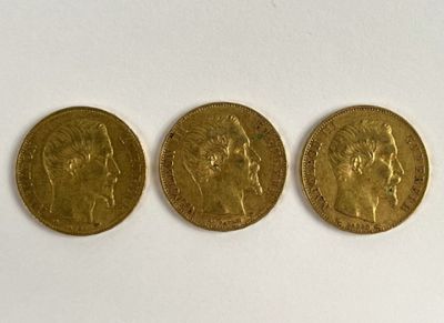 Trois pièces en or de 20 francs "Napoléon III, tête nue". - Photo 1