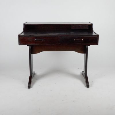 an old wooden desk with two drawers and a drawer underneath it