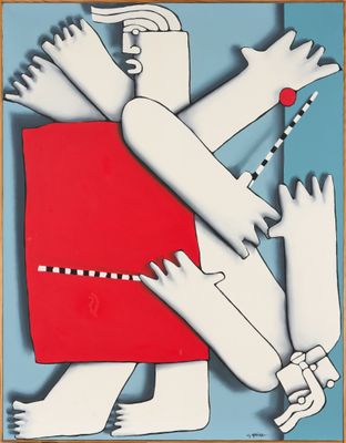 une image représentant un tableau où l'on voit une personne tenant un objet rouge