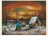 painting of a woman carrying a tree in a snowy landscape
