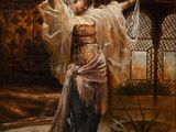 une peinture à l'huile représentant une femme en robe blanche tenant un éventail