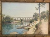 a picture of a painting of a bridge over a river