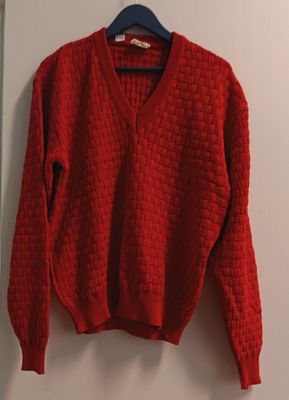 Le pull est suspendu à un cintre accroché au mur.