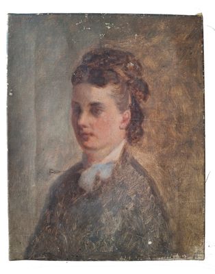 portrait of a young woman in a black dress and a white collared shirt