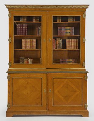 a large wooden bookcase with two doors and shelves filled with books