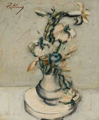 une peinture de fleurs dans un vase sur une table
