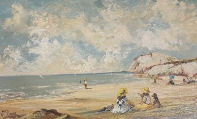 un tableau représentant des personnes assises sur la plage, au bord de l'eau