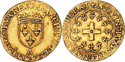 a gold coin with a cross and shield on it