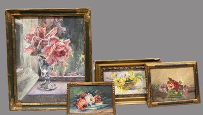 four paintings of flowers in a vase on a table