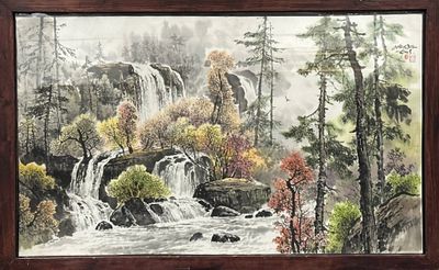 CHINE - XXe siècle Encre et couleurs sur papier, cascade et …