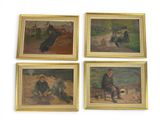four framed paintings of people sitting on a beach with a dog