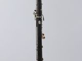 a close up of a black and silver clarinet on a clear stand