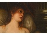 a painting of a woman in a white dress with her head turned to the side
