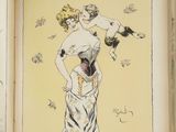 an old book with a drawing of a woman holding a bird