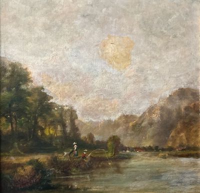 une image représentant un tableau où l'on voit un homme en train de pêcher au bord d'une rivière