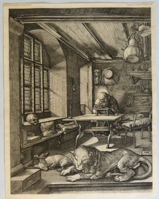 un vieux dessin représentant un chien allongé par terre à côté d'un chat