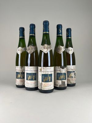 six bouteilles de vin sont alignées sur une table