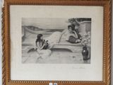 tableau représentant une femme assise sur un banc à côté d'un vase de fleurs