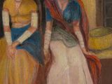 painting of two women sitting in front of a fireplace in a room