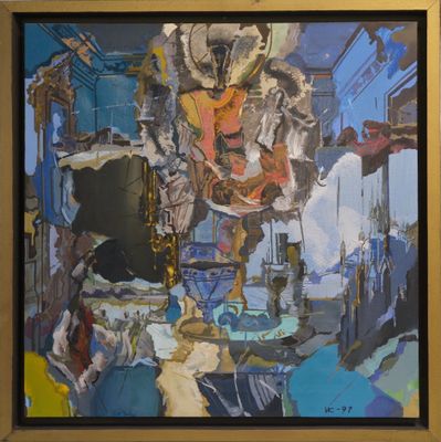 a painting on display in a room with a painting on the wall