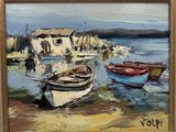 un tableau représentant des bateaux sur le quai d'un port