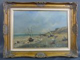 une peinture à l'huile d'une scène de plage avec des bateaux dans l'eau