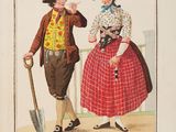 une illustration ancienne représentant un homme et une femme avec une pelle