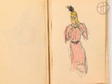drawing of a woman in a pink dress holding a cell phone to her ear