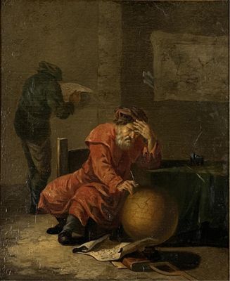 tableau représentant un homme assis sur une table avec un globe terrestre et un autre homme debout derrière lui