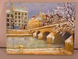 peinture d'un pont sur une rivière avec des bâtiments en arrière-plan